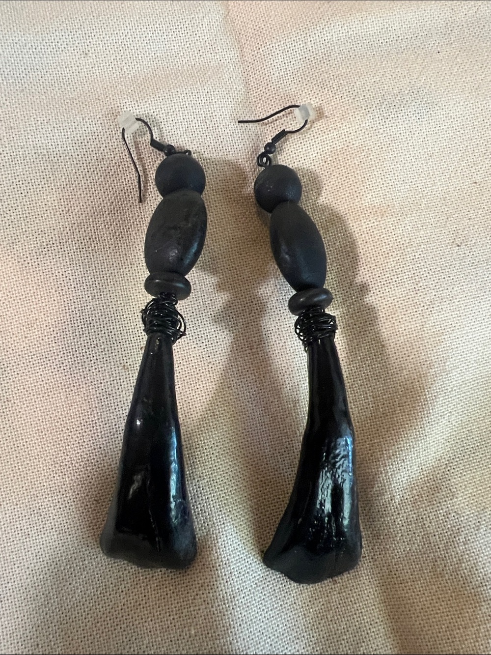 Carved Black Bone and Bead Earrings